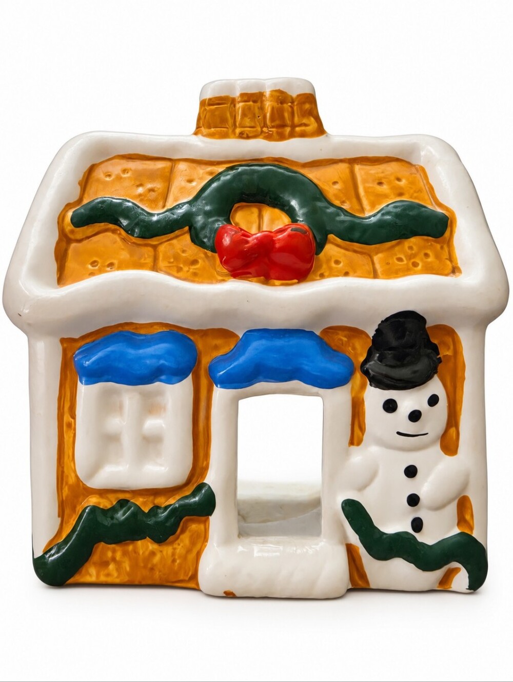 Vintage Christmas Ceramic Snowy Gingerbread House Tea Light Candie Holder
